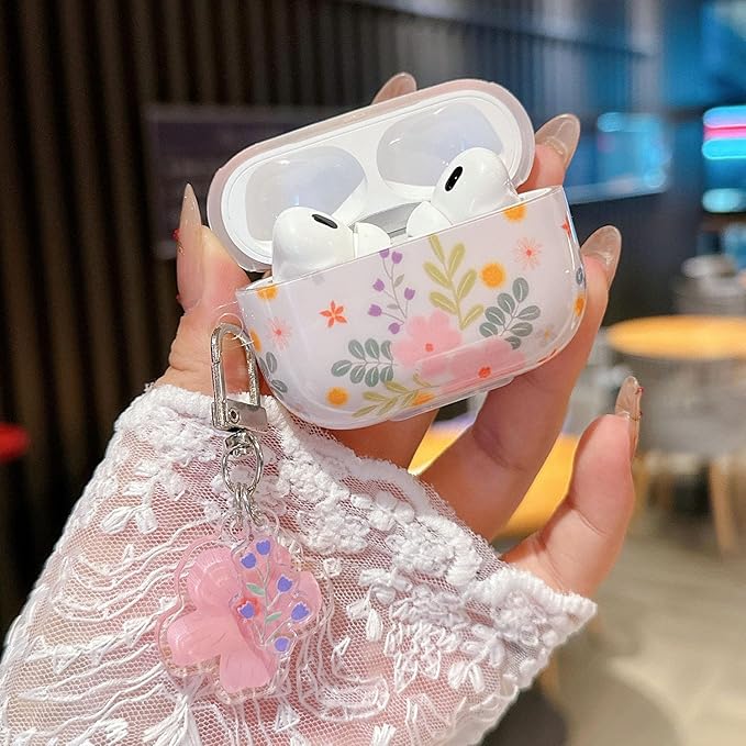 Cute Airpod Pro 2 Case Aesthetic Flower with Keychain TPU Protective Cover Compatible with AirPods Pro 2nd Generation Case for Teens Girls Women (IMD Pink Floral)