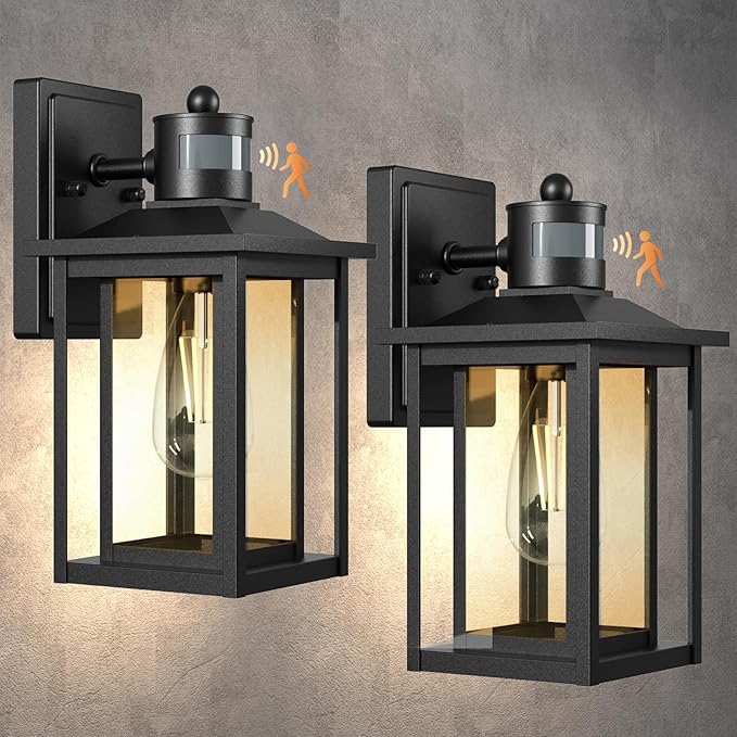 2-Pack Motion Sensor Outdoor Lights, Modern Black Dusk to Dawn Porch Light Lanterns with 4 Modes, Waterproof Exterior Lighting for House, Patio, Garage, Front Door, 120V