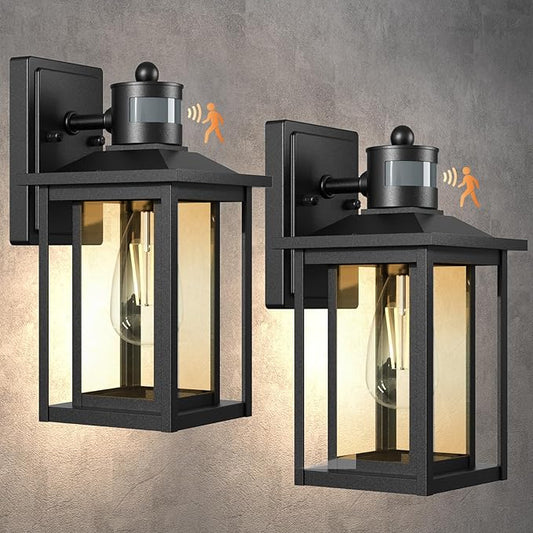 2-Pack Motion Sensor Outdoor Lights, Modern Black Dusk to Dawn Porch Light Lanterns with 4 Modes, Waterproof Exterior Lighting for House, Patio, Garage, Front Door, 120V
