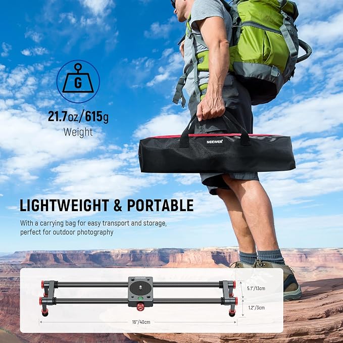 NEEWER 16in/40cm Carbon Fiber Camera Slider with 360° Ball Head/Phone Clamp/Action Camera Mount, Dolly Rail Track with 4 Bearings & Adjustable Legs, Compatible with GoPro Insta360 iPhone Android, CS1M