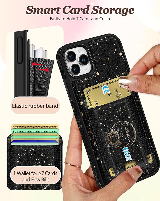 Shorogyt for iPhone 11 Pro Case Wallet - Fits 5 Cards, Compatible with Magsafe Detachable Magnetic Credit Card Holder Leather Cardholder Cute Phone Cover Women Girls for Apple 11Pro, Sun Moon