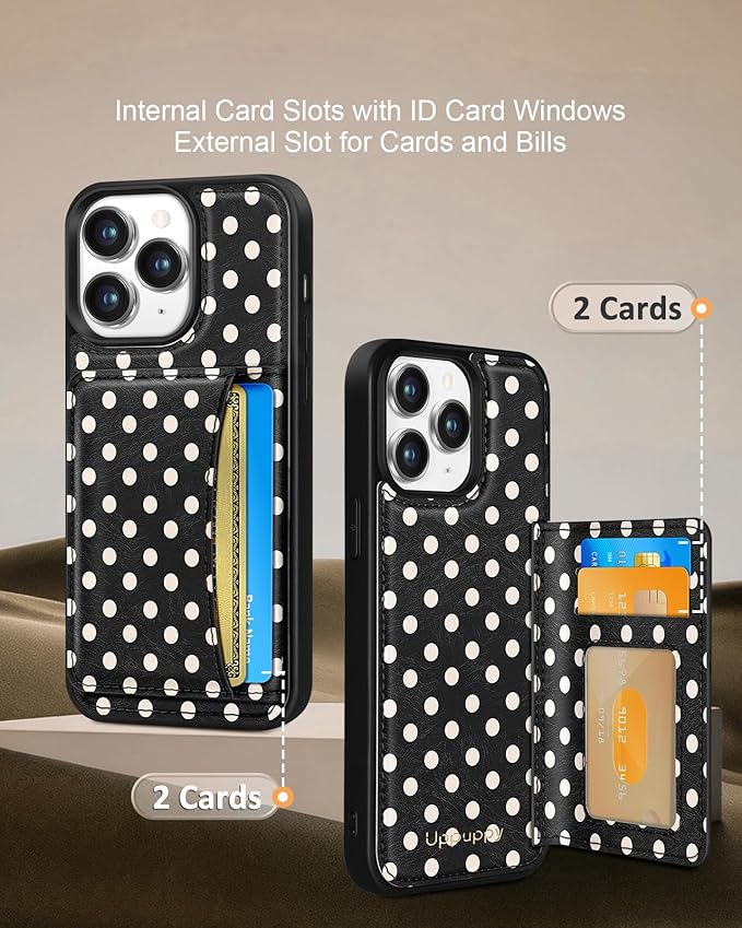 for iPhone 11 Pro Max Case with Wallet - Fits 4 Card Slots, Compatible with MagSafe for Women Aesthetic PU Leather Credit Card Holder Kickstand Phone Cover for Apple 11 Promax, Black Polka