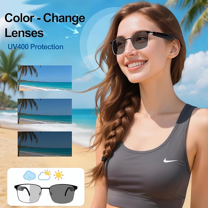 AI Smart Wireless Bluetooth Translation Glasses for Men/Women with Speakers/Bluetooth&140+ Languages Translation Sports/Travel/Drive/Busniess (G6+AI+Color Change Lenses+Silver)