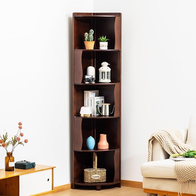 5-Tier Bamboo Corner Shelf Freestanding Fan-Shaped Storage Rack, Space-Saving Corner Cabinet for Living Room or Bedroom, Easy to Assemble, Walnut