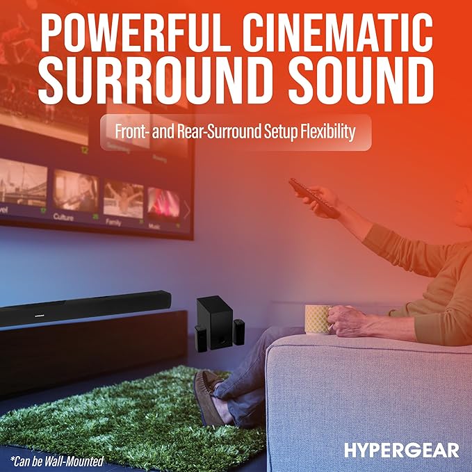 HyperGear SB51a 5.1 Surround Sound System for TV – 90W Home Theater Sound System, Soundbar, Subwoofer & Dual Speakers w/Bass, HDMI ARC & Optical Inputs for 4K/8K UHD TVs, Wall-Mountable Speakers