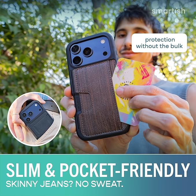 Smartish® iPhone 17 Pro Wallet Case - Wallet Slayer Vol. 2 [Slim + Protective] Credit Card Holder w/Kickstand - Drop Tested Hidden Card Slot Cover for Apple iPhone 17 Pro - Walnut Woods
