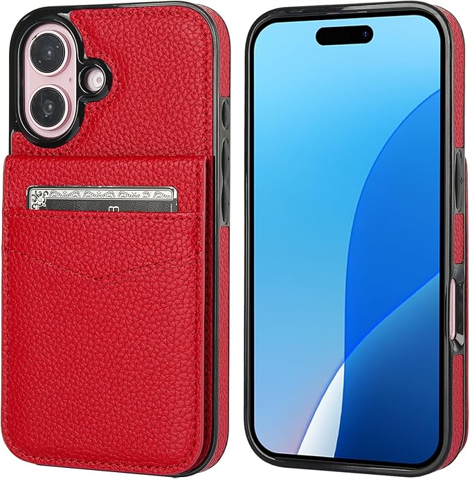 KIHUWEY Compatible with iPhone 16 Case Wallet with Credit Card Holder, Flip Premium Leather Magnetic Clasp Kickstand Heavy Duty Protective Cover for iPhone 16 6.1 Inch (Lichee Red)