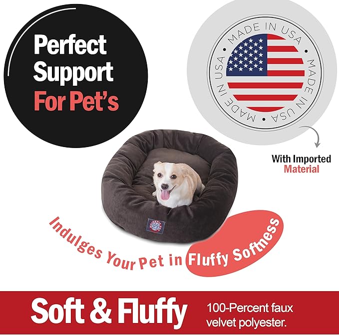 Majestic Pet 32 Inch Micro Velvet Calming Dog Bed Washable – Cozy Soft Round Dog Bed with Spine for Head Support - Fluffy Donut Puppy Mat 32x23x7 (inch) Medium - Storm (2025)