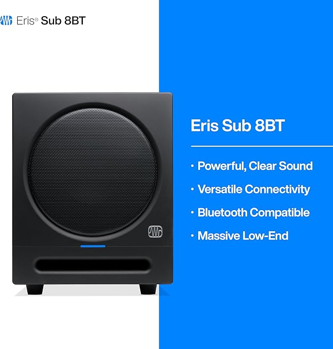 PreSonus Eris Sub 8BT — 8" Inch Powered Subwoofer, Powered Sub, Active Subwoofer, Wireless, Bluetooth, Home Audio, Bass Speaker, Home Theater, Music Production, Gaming