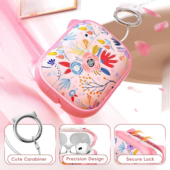 for AirPods Pro 2 Case with Cleaning Kit, Cute Cat Ear Print Design & Cute Buckle for Girls, Phone Holder & Top Safe Lock Buckle Design for AirPods Pro 2nd/1st Gen case, Pink Flower