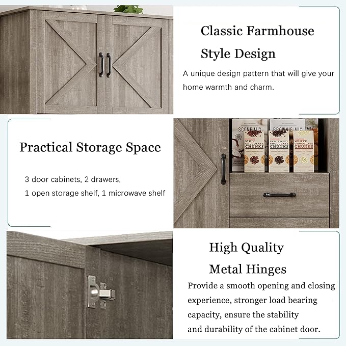 GarveeHome Modern Kitchen Pantry Cabinet with Microwave Stand, Tall Hutch Bar Cabinet with Drawers & Adjustable Shelves, Large Wood Storage for Dining Room, Living Room, Rustic Grey