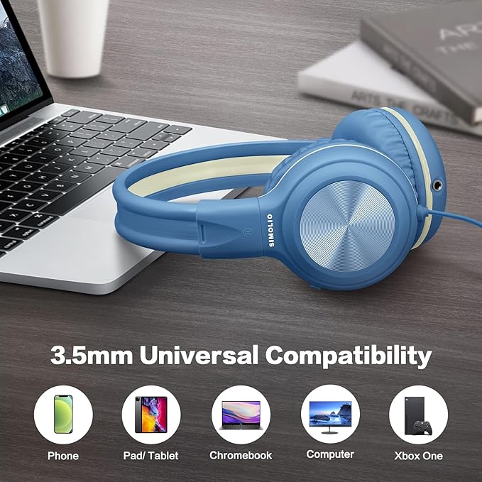 SIMOLIO Over-Ear Kids Headphones with Microphone and Volume Limited Plug in Headphones Wired, Foldable Corded Stereo 3.5mm Headset for Smartphones Chromebook Laptop Computer PC Tablets Travel (Blue)