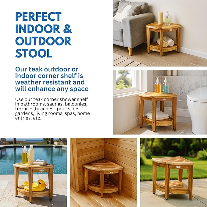 EcoDecors Fully Assembled SnazzyCorner® 18" Teak Shower Bench, Corner Shower Stool, w Shelf in Earthy Teak Finish, Compact Fit for Small Bathrooms & Walk-in Showers – Slip-Resistant Feet