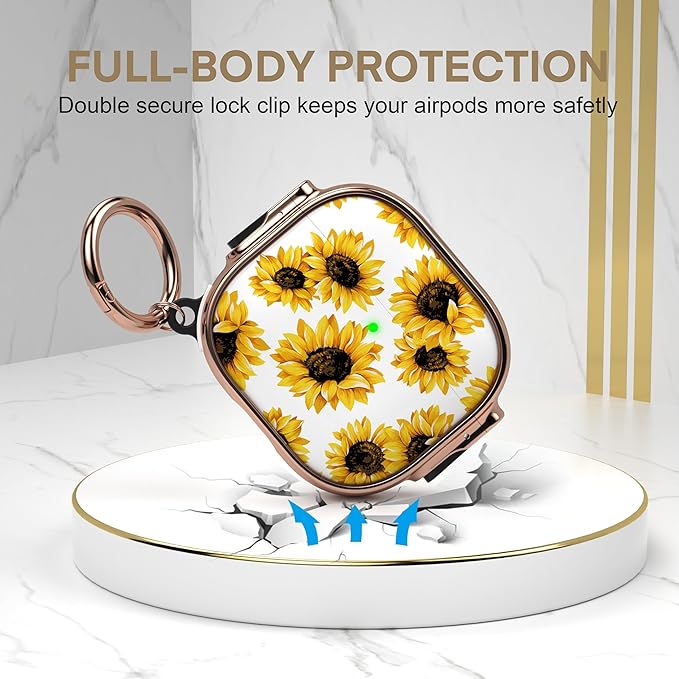Maxjoy for AirPods 4 Case with Lock, Flower AirPods 4 Case Lock Protective Hard Cute AirPod 4 Generation Cover for Women Girly with Keychain Clip for AirPod 4th Generation Cover 2024, Sunflower