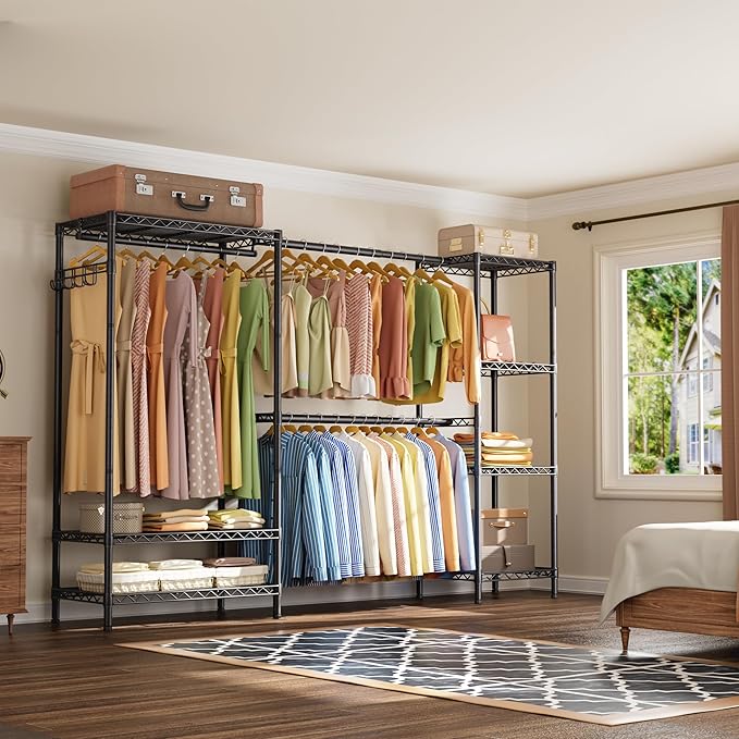 Expandable Heavy Duty Garment Rack Clothes Rack,Large Metal Closet Organizer System Storage Wardrobe,Freestanding Clothing Rack with 9 Adjustable Wire Shelves&3 Hang Rods,MaxLoad 1500lbs
