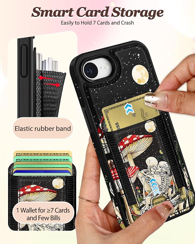 Shorogyt for iPhone 17e/16e Wallet Case - Fits 7 Cards, Compatible with Magsafe Detachable Magnetic Credit Card Holder Leather Cardholder Cute Phone Cover Women Girls for Apple 17e/16e, Skeleton