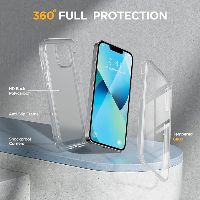 Miracase Compatible with iPhone 13 case 6.1 inch, 2023 New Full-Body Glass Clear Case Bumper Case with Built-in 9H Tempered Glass Screen Protector for iPhone 13, Matte Clear