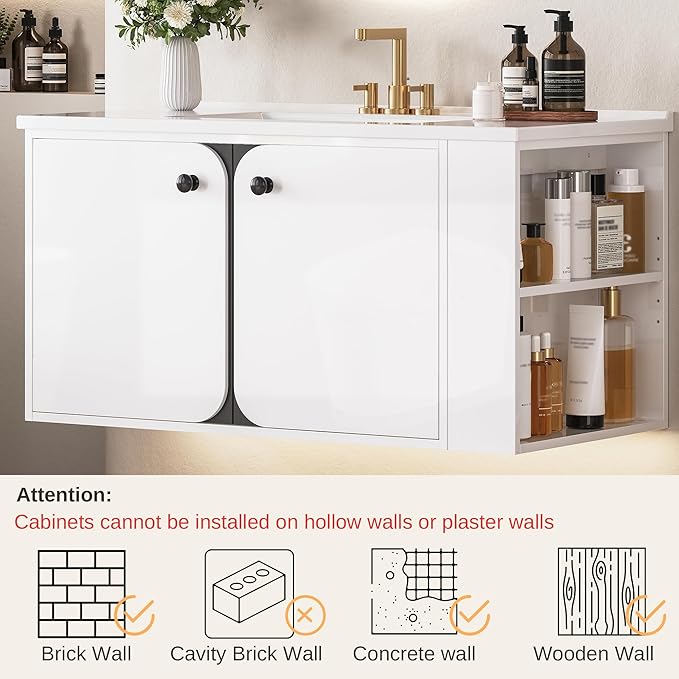 IRONCK 36 Inch Bathroom Vanity with Sink, Wall Mounted Floating Vanity with LED Light & Open Side Shelf, High Gloss Modern Bathroom Cabinet for Small Space, White
