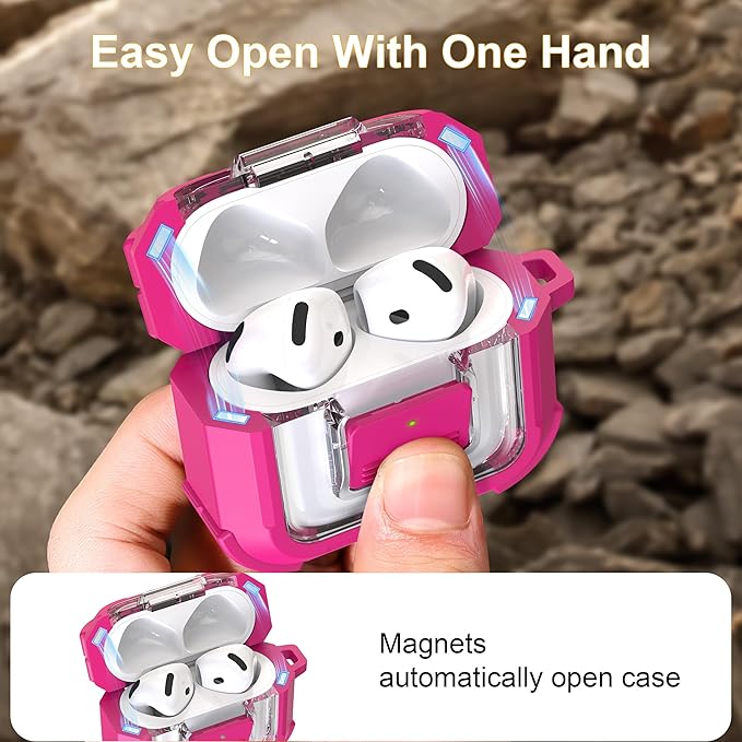 RFUNGUANGO for AirPods 4 Case, Compatible with AirPods 4th Generation Case (2024), Compatible with MagSafe, Magnetic Automatic Lock with Cleaner Kit and Keychain, Front LED Visible, Rose Red