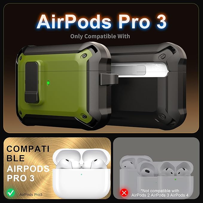 RFUNGUANGO AirPods Pro 3 Case (2025) with Safety Lock and Automatic Pop-up, Compatible with Airpods Pro 3rd Generation Case, Magnetic Lid, Compatible MagSafe, Hard Shockproof Protective, Dark Green