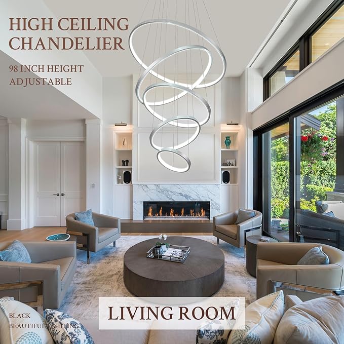 5 Ring Modern LED Chandelier Dimmable Silver High Ceiling Chandeliers for Foyer, LED Contemporary Large Pendant Lighting with Remote Control Circular for Living Room Staircase, 3000K-6500K
