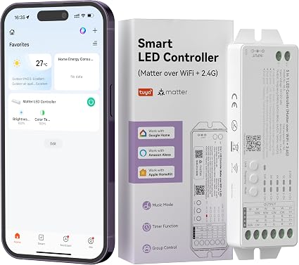MIWISE Matter LED Controller,Dimmable WiFi Controller for LED Strip Light,Compatible with Alexa/Google Assistant/Apple Home/Siri,for Single Color/CCT/RGB/RGBCCT/RGBW COB LED Strip Light,DC12-48V