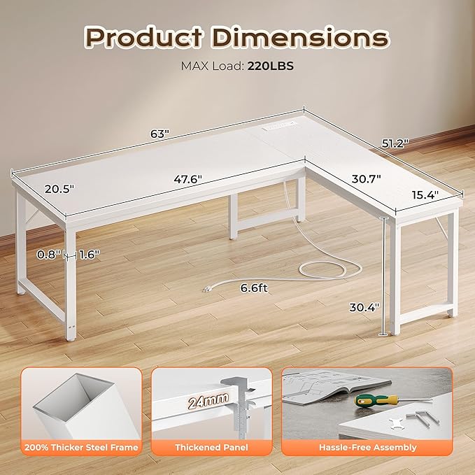 Huuger 63 Inch L Shaped Desk with Power Outlets and USB-C Port, Reversible Computer, Larger Office Corner Gaming Desk, 0.95 Inch Thicker Desktop, Metal Frame, for Home Office, Study, White