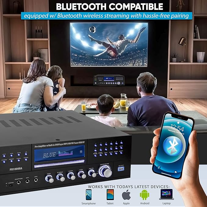 Pyle 4-Channel Wireless Bluetooth Power Amplifier - 1000W Stereo Speaker Home Audio Receiver w/FM Radio, USB, Headphone, 2 Mic w/Echo, Front Loading CD DVD Player, LED, Rack Mount - Pyle PD1000BA.5