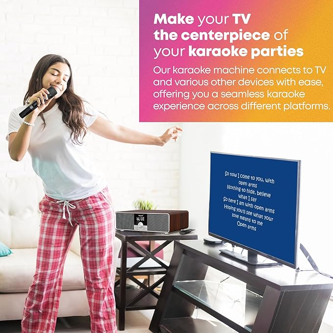 Karaoke Machine with 2 UHF Mic Subwoofer Home Theater Audio Sound Bar Support Optical/Bluetooth/AUX/USB/PC Wooden Karaoke Singing Machine for TV, Home, Karaoke, Singing Party, Christmas (S-73)