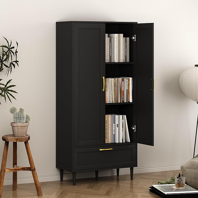 60" Tall Wooden Storage Cabinet with Adjustable Shelves, Large Capacity Freestanding Pantry Cabinet for Living Room, Kitchen, and Dining Room,Black