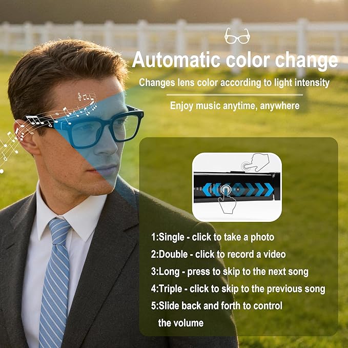 Ai Smart Glasses with Camera and Bluetooth - 4K HD Video Recording, Real-Time Translation, with Color-Changing Lenses for Travel, Sports, Outdoor Use