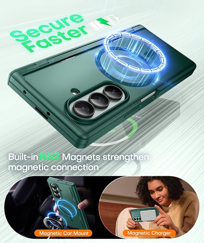 BERFY for Samsung Galaxy Z Fold 7 Case with Privacy Screen Protector, [Compatible with MagSafe][Anti Spy] Built-in Hidden Kickstand, Full-Body Shockproof Slim Phone Case for Z Fold 7, Green