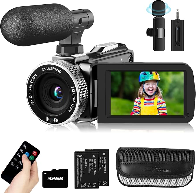 Video Camera Camcorder 4K 48MP 30FPS Vlogging Camera for YouTube with Wireless Lavalier Mic & External Mic Video Cameras for Filming with 32GB SD Card and 2 Batteries