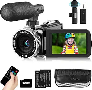 Video Camera Camcorder 4K 48MP 30FPS Vlogging Camera for YouTube with Wireless Lavalier Mic & External Mic Video Cameras for Filming with 32GB SD Card and 2 Batteries