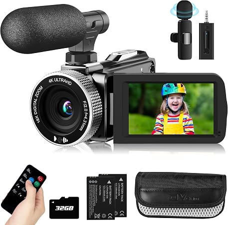 Video Camera Camcorder 4K 48MP 30FPS Vlogging Camera for YouTube with Wireless Lavalier Mic & External Mic Video Cameras for Filming with 32GB SD Card and 2 Batteries