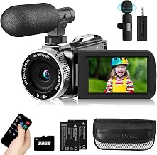 Video Camera Camcorder 4K 48MP 30FPS Vlogging Camera for YouTube with Wireless Lavalier Mic & External Mic Video Cameras for Filming with 32GB SD Card and 2 Batteries