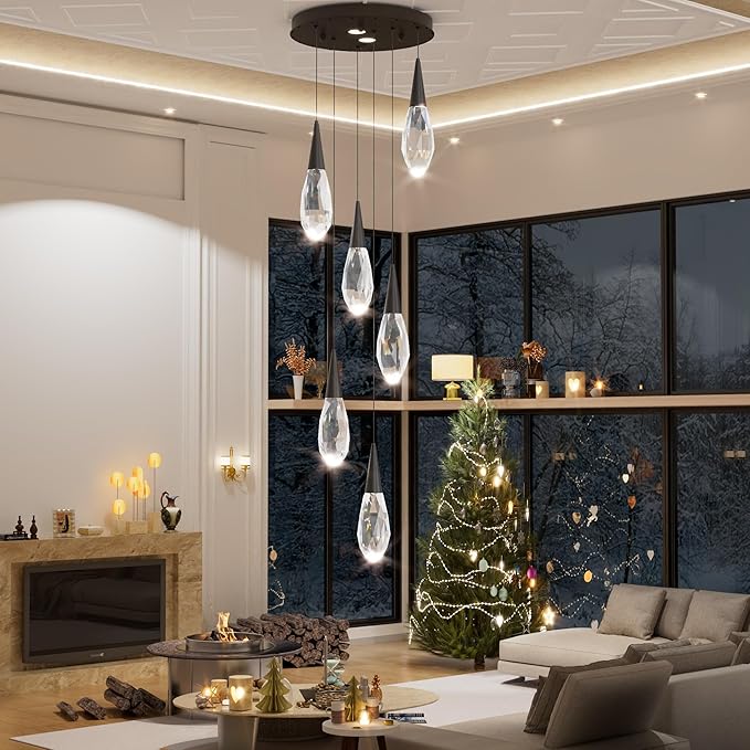 Modern Crystal Chandelier 6-Lights Pendant Chandeliers for Staircase Black Kitchen Pendant Light Fixture Hanging Lighting for Dining Room Living Room Bedroom Entryway