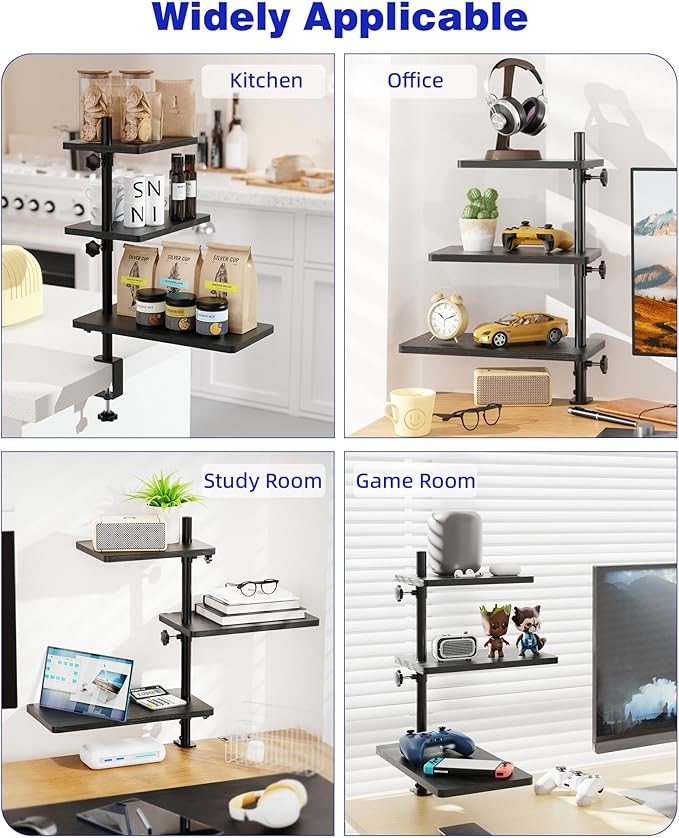 3 Tiers Clamp On Desk Shelf, 360¡ã Angle Adjustable Desktop Shelf Organizer for Home Office Gaming Room, No Drill Desk Extender Adapt to 0.4-2.16 inches Table Thick, Black Brown