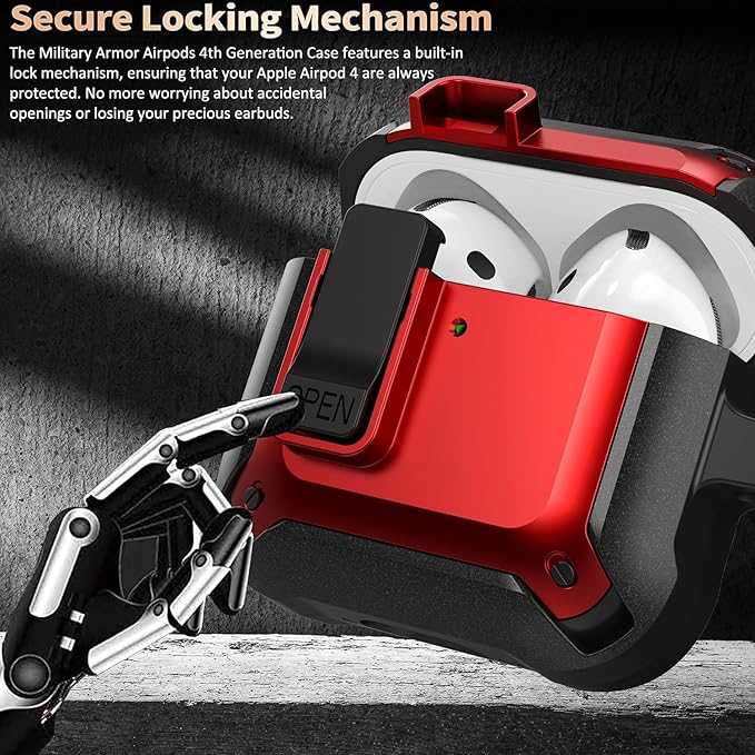 for Airpods 4 Case with Lock Clid, Rugged Apple Airpods 4th Generation Cover 2024 Men Women, Armor Shockproof iPod 4 Gen Protective Hard Shell with Carabiner&Cleaner kit, Black/Red