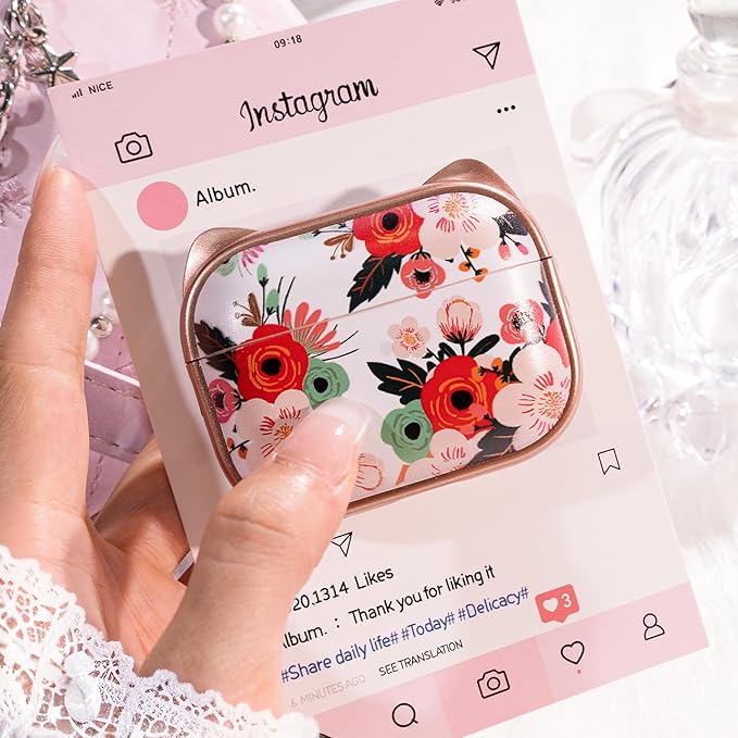for AirPods Pro 2 Case with Cleaning Kit, Cute Cat Ear Print Design & Cute Buckle for Girls, Phone Holder & Top Safe Lock Buckle Design for AirPods Pro 2nd/1st Gen case, Rose Gold Flower