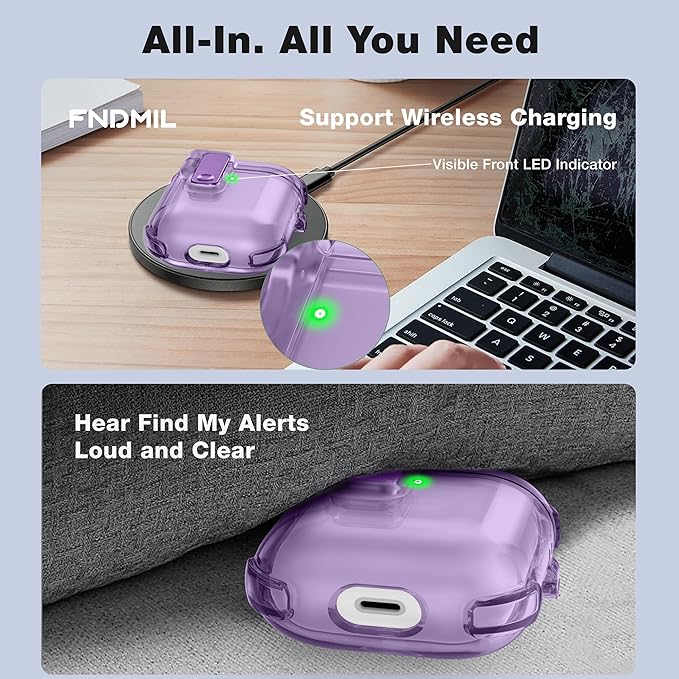Case for AirPods 1/2 Case Cover with [Lock Safety &Pop Up][Military Shockproof] Anti-Yellow Transparent Soft TPU Wireless Charging for AirPods 1st/2nd Generation Case with Keychain,Clear Purple