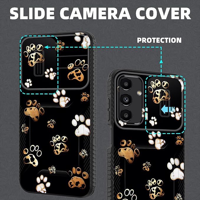 for Galaxy A15 5G Case Built in Slide Camera Lens Cover,Heavy Duty Shockproof Protection Dual Layer Case for Samsung Galaxy A15 5G 6.5 inch 2024,Cute Dog Paw Prints