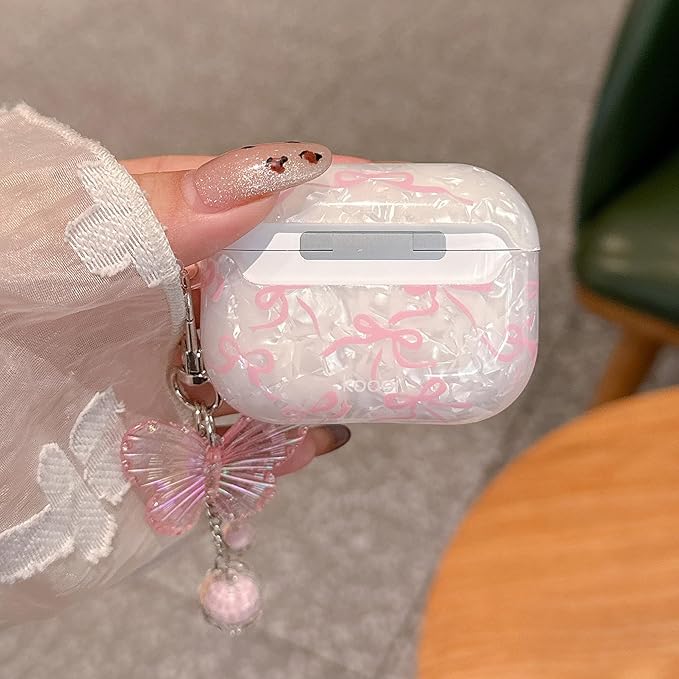 for AirPod Pro 3 Case 2025 Cute Bow Shell Pearl TPU Protective Cover with Butterfly Keychain Compatible with AirPods Pro 3rd Generation Case for Women Girls (Pink Bow)