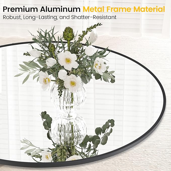 GarveeHome Round Mirror, 24 in Aluminum Alloy Circle Frame, High Definition Eco-Friendly Black Round Bathroom Mirror for Over Sink, Wall Mirror for Entryway, Bathroom, Vanity, Living Room