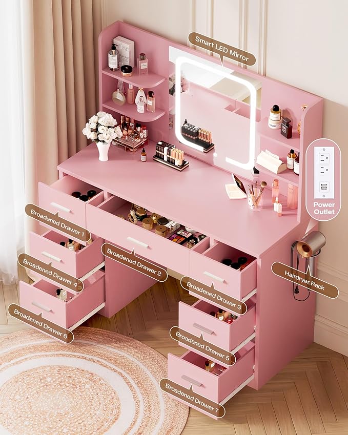 Large Makeup Vanity Desk, 43.3“W x 15.7”D x 53.2“H, Pink (Large Desktop, Samrt LED Mirror, 4 Open Shelves, 7 Drawers, Hairdryer Rack, Power-Outlet, No Cushion Stool Included)