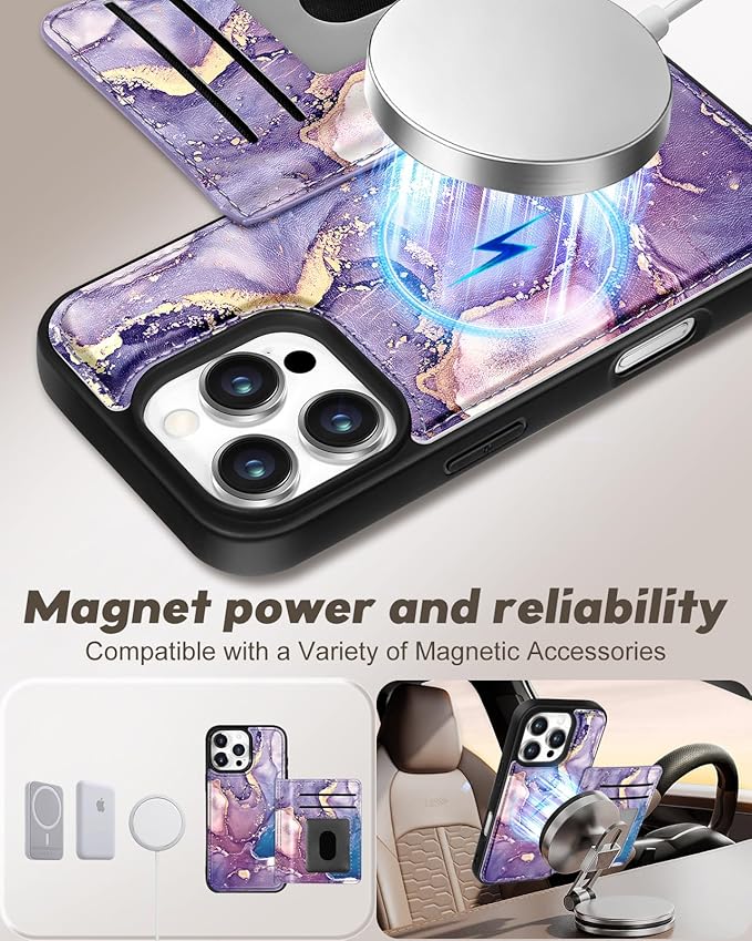 for iPhone 16 Pro Max Case with Wallet - Fits 4 Card Slots, Compatible with MagSafe for Women Aesthetic PU Leather Credit Card Holder Kickstand Phone Cover for Apple 16 Promax, Purple Marble