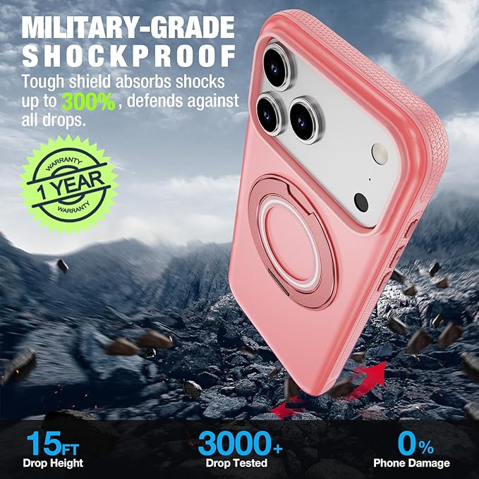 for iPhone 17 Pro Case [Compatible with Magsafe] [15 FT Military Grade Drop Protection] with Screen Protector & Lens Protector,Shockproof Kickstand Phone Case for iPhone 17 Pro (Pink)