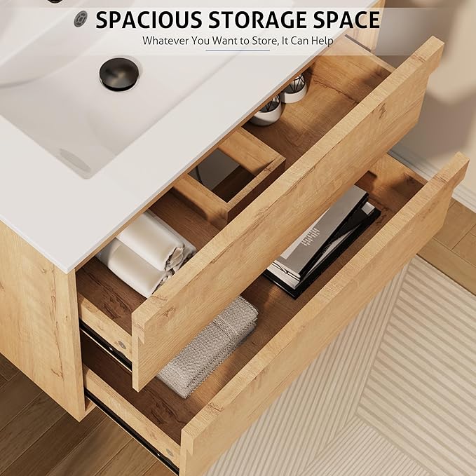 eclife 24" Floating Bathroom Vanity Sink Combo, Wall Mounted Modern Minimalist Storage Cabinet with 2 Drawers, Include Sink, Faucet & Drain, Natural