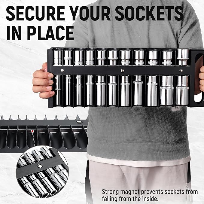 Magnetic Socket Organizer Set, 3 Pcs Black Portable Heavy Duty Socket Rail Set: 1/4-Inch x 22 Pallets, 3/8-Inch x 28 Pallets, 1/2-Inch x 26 Pallets, Hold 76 Sockets - Fit Shallow&Deep Sockets