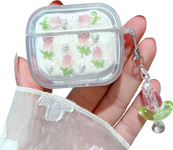 JANDM 3D Tulip for AirPods 3 Case with Keychain, Clear Glitter Pink Floral Design, Shockproof Protective Cover for Women Girls with Flower Charm Strap